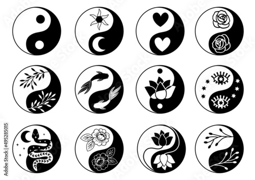 set of isolated black and white yin yang symbol on a white background