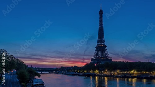 Colorful Sunrise Behind Eiffel Tower in Paris With Seine River