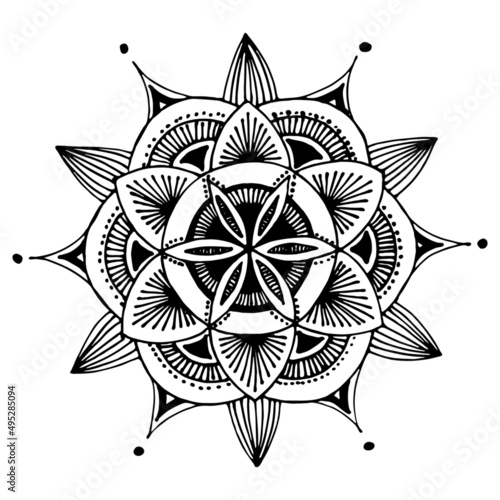 Hand drawn mandala. Black and white flower with simple patterns. Spring mood, positive attitude 