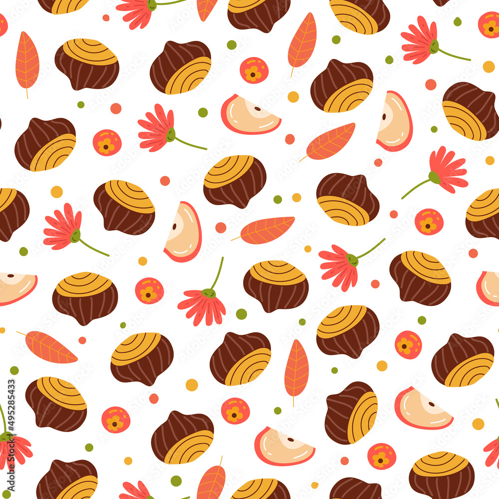 Forest nuts with apple and flowers seamless design element cartoon pattern
Forest nuts with apple and flowers seamless design element cartoon pattern