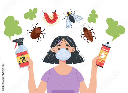 Woman character holding aerosol and spraying bugs. Pest control design element illustration