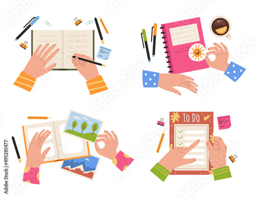 People hands arms whriting in notebook concept. Vector flat cartoon design element illustration set