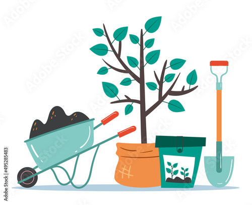 Tree planting garden tools design element illustration