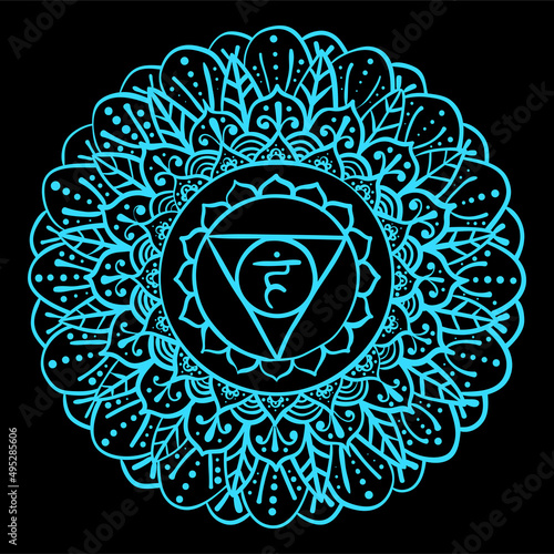 Vishuddha art. The fifth guttural chakra. Hand drawn sloppy style. Vector blue symbol on black. Meditation sign