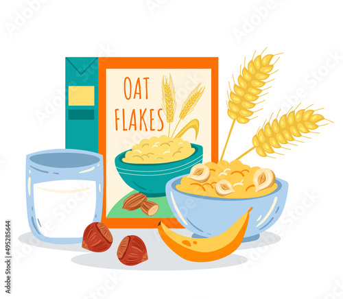 Morning breakfast porridge with milk, banana and nuts. Vector flat graphic design cartoon illustration
