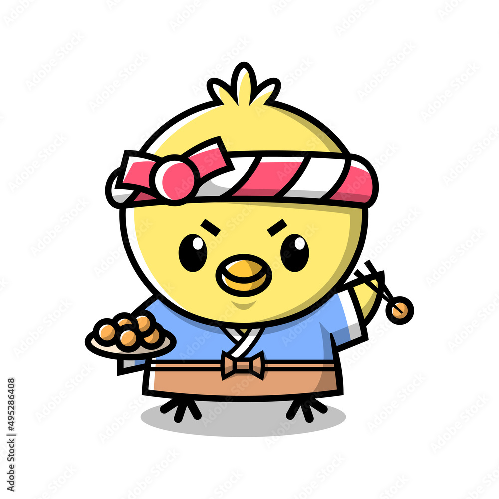 A CUTE YELLOW CHICKEN IS WEARING JAPANESE CHEF CLOTHES AND SERVING FRIED 
 CHICKEN BALL. CARTOON MASCOT DESIGN. 