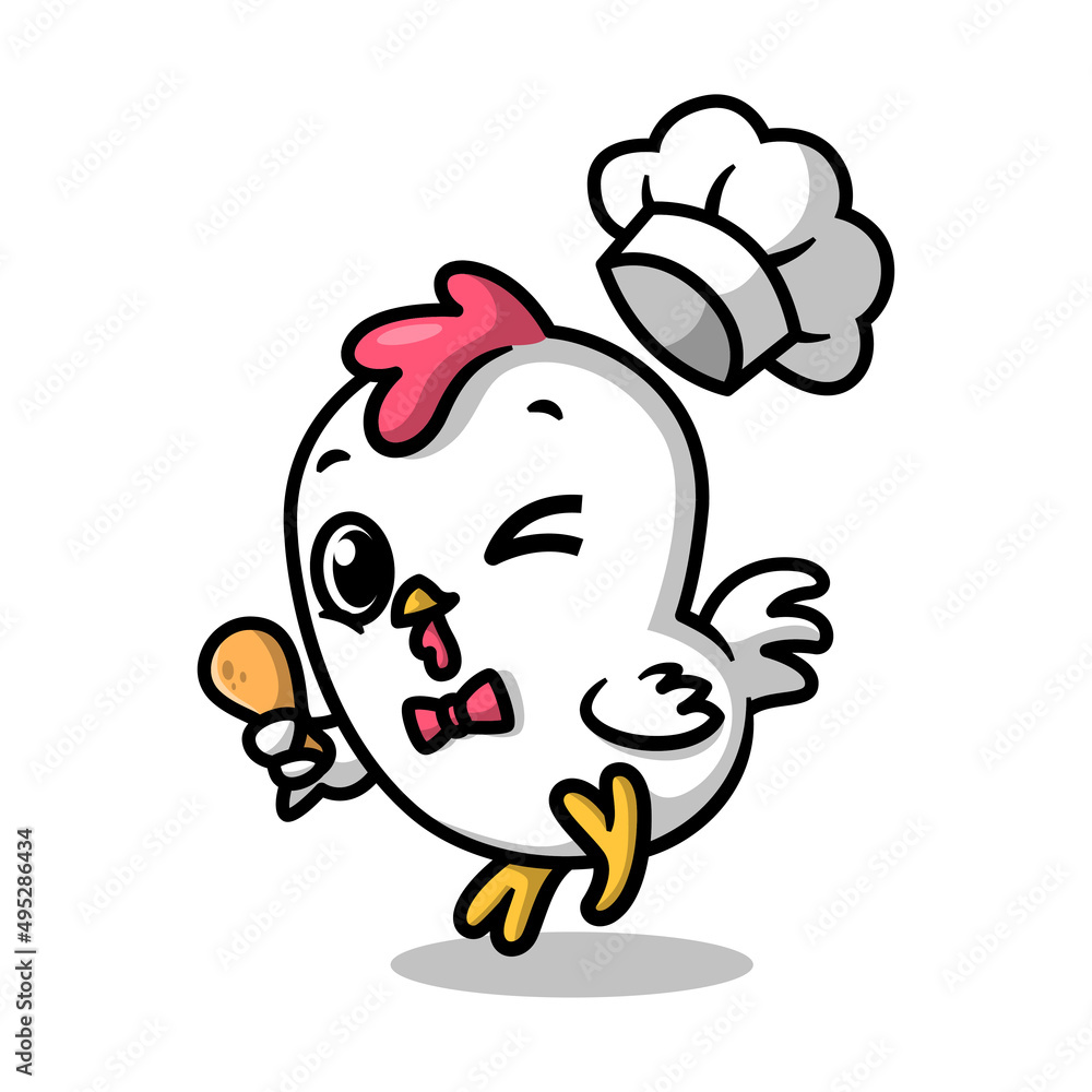 A CUTE CHICKEN CHEF IS HOLDING A FRIED CHICKEN. CARTOON CHICKEN MASCOT. A CUTE CHICKEN CHEF IS HOLDING A FRIED CHICKEN. CARTOON CHICKEN MASCOT.