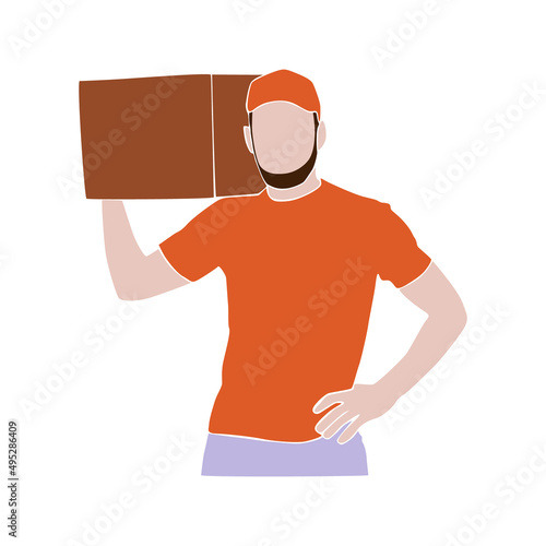 Delivery man portrait wearing red uniform. Bearded man, a courier in a cap holding a delivery package box. Postman brought the parcel. Online delivery. Flat paper cut mosaic style vector illustration