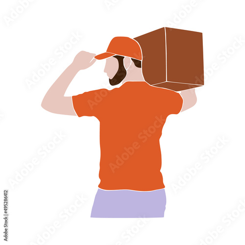 Delivery man portrait wearing red uniform. Bearded man, a courier in a cap holding a delivery package box. Postman brought the parcel. Online delivery. Flat paper cut mosaic style vector illustration