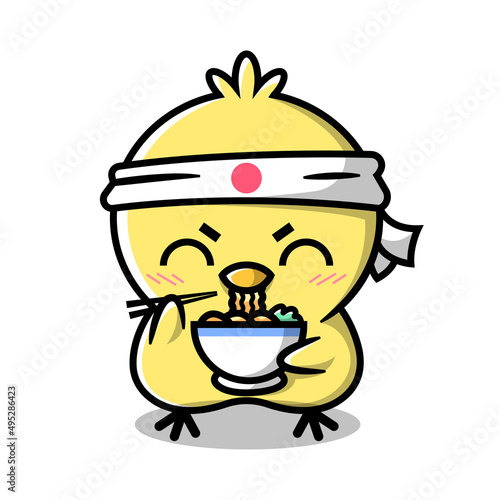 A CUTE YELLOW CHICKEN IS WEARING A JAPANESE HEADBAND AND EATING RAMEN NOODLES. CARTOON MASCOT DESIGN.