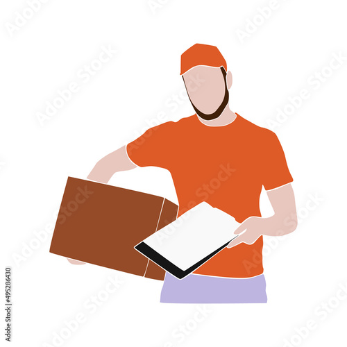 Delivery man portrait wearing red uniform. Bearded man, a courier in a cap holding a delivery package box. Postman brought the parcel. Online delivery. Flat paper cut mosaic style vector illustration