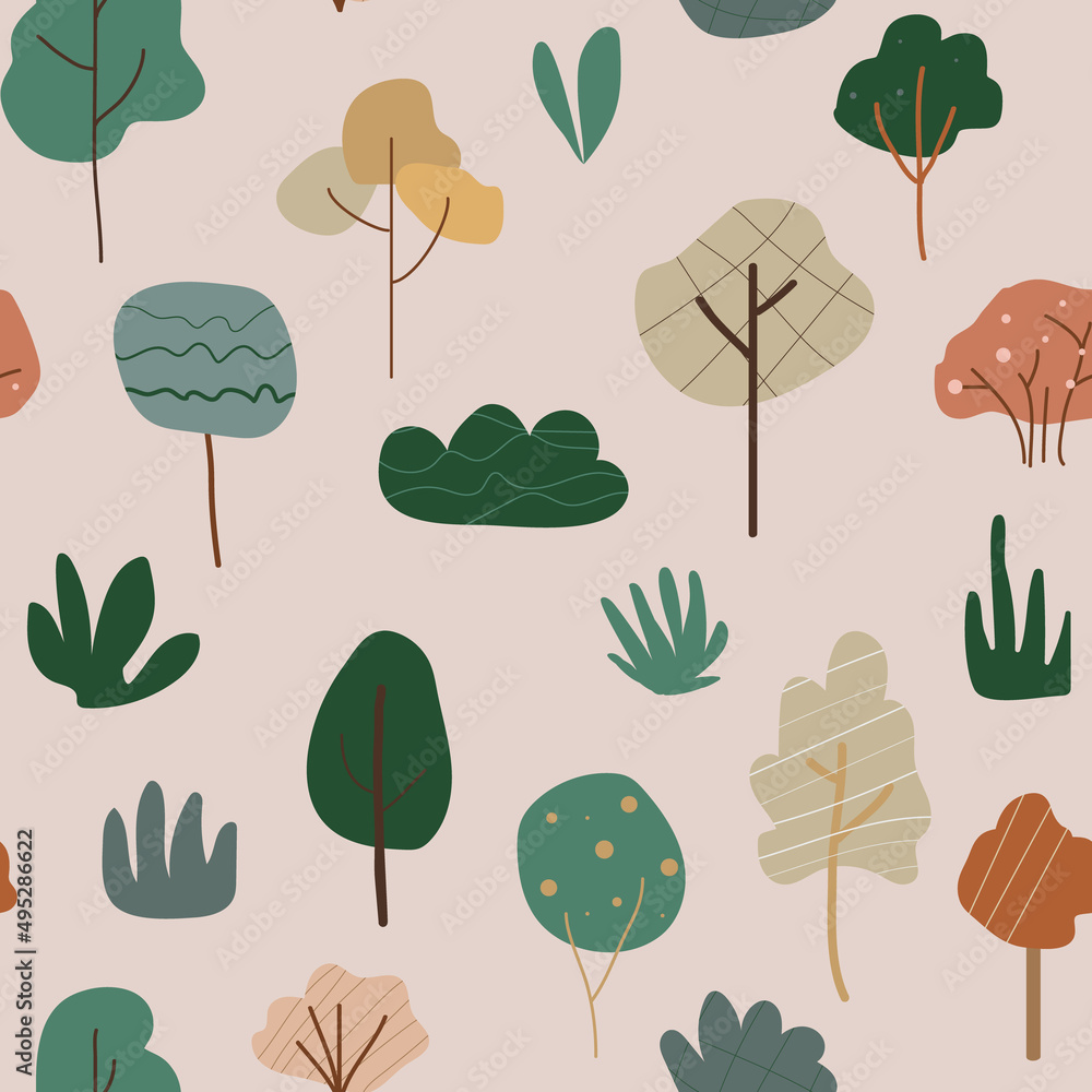 Obraz premium Cute seamless pattern with boho trees and bushes. Bohemian style for nursery. Nature concept. Vector illustration