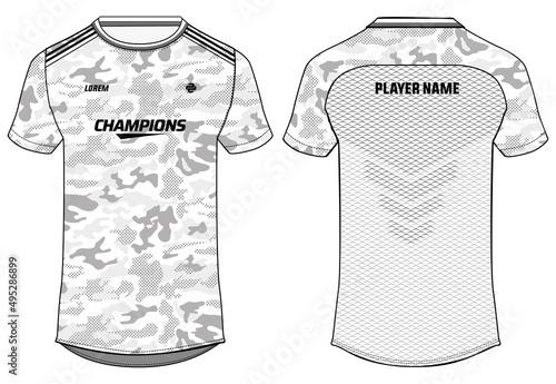 Camouflage Sports jersey t shirt design Flat sketch illustration, Round neck football jersey concept with front and back view for Cricket, soccer, Volleyball, Rugby, tennis and badminton uniform kit