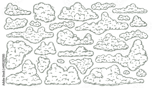 Sketch clouds, hand drawn sky cloudscape, cartoon cloud. Doodle outline sketching clouds vector illustration set. Cartoon retro outline clouds