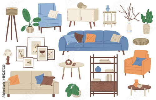 Home interior furniture and minimalistic decorations, armchair, sofa, couch. Doodle house modern interior elements. Cozy living room vector illustration set