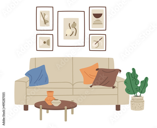 Cartoon living room interior, minimalistic furniture, sofa, tea table, potted plant. Doodle house modern interior isolated vector illustration. Contemporary cozy living room