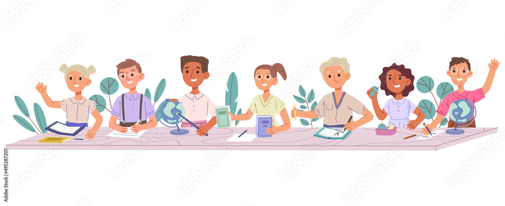 Study kids student, school children sitting at desk. Classroom studying, pupils primary school education process. School kids at classroom desk vector illustration set Study kids student, school children sitting at desk. Classroom studying, pupils primary school education process. School kids at classroom desk vector illustration set