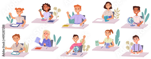 School kids at classroom desk, children boys and girls student lesson activity. Pupils writing, drawing and reading vector illustration set. Primary school education process