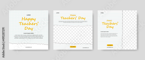 Collection of white international teacher's day social media posts with torn paper designs that can be filled with photos