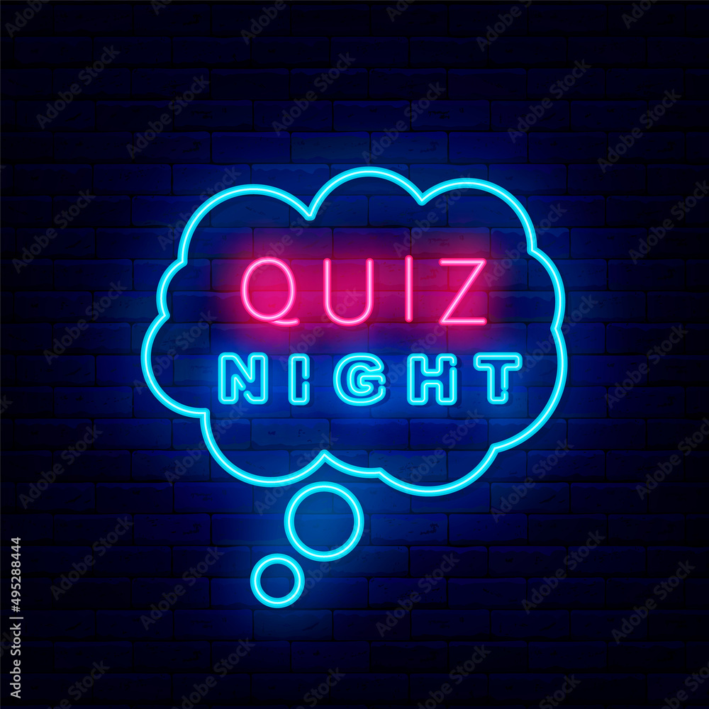 Quiz night neon sign. Blue think cloud frame. Play game concept. Outer glowing effect banner. Vector stock illustration