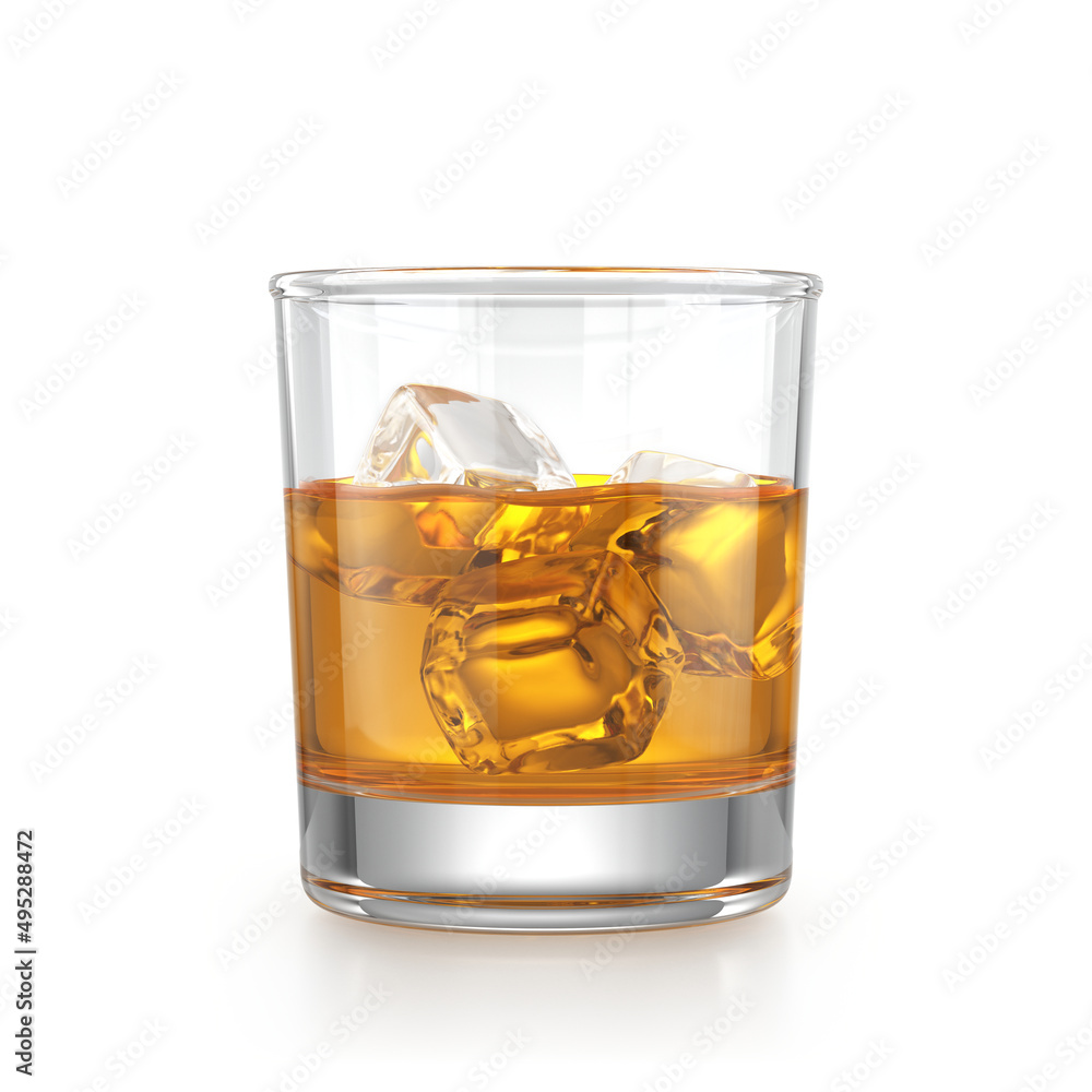Whiskey glass with whiskey and ice cubes isolated on white background - 3d rendering Whiskey glass with whiskey and ice cubes isolated on white background - 3d rendering