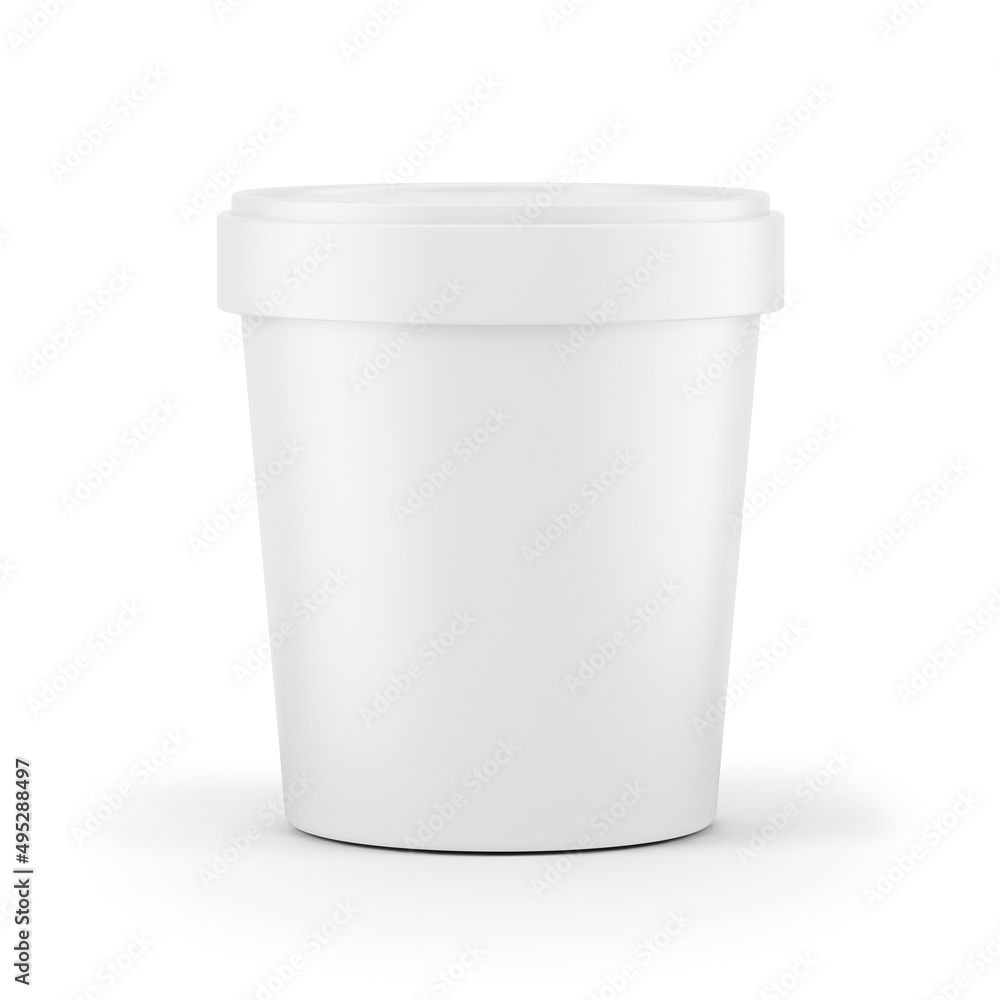 Ice cream buckets. Blank white Ice cream bucket isolated on white. Mockup template of ice cream container. 3d rendering Ice cream buckets. Blank white Ice cream bucket isolated on white. Mockup template of ice cream container. 3d rendering