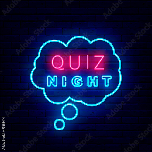 Quiz night neon sign. Blue think cloud frame. Play game concept. Outer glowing effect banner. Vector stock illustration