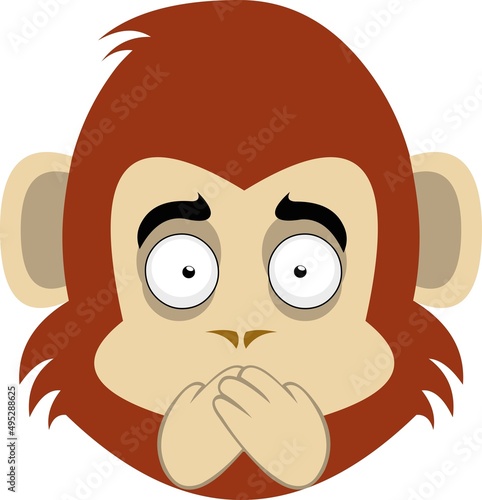Vector illustration of the face of a cartoon monkey or gorilla, covering his mouth with his hands