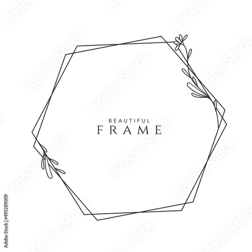 flower frame logo wedding frame hexagon geometric invitation card template hand-drawn vector illustration