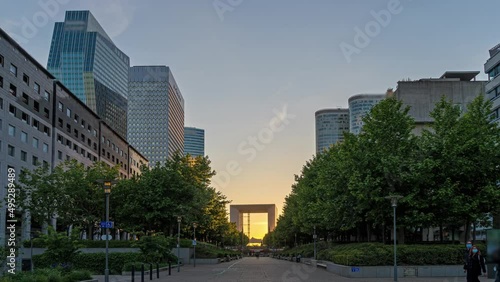 Summer Sunset Over Center of La Defense Business District Paris