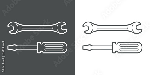 Reparación y servicio técnico. Logo con llave y destornillador con líneas en fondo gris y fondo blanco