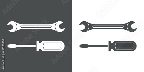Reparación y servicio técnico. Logo con llave y destornillador en fondo gris y fondo blanco