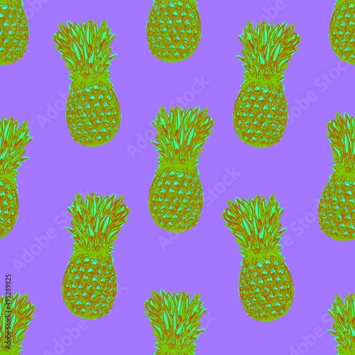Pineapples on a lilac  background. Seamless fruit pattern.
