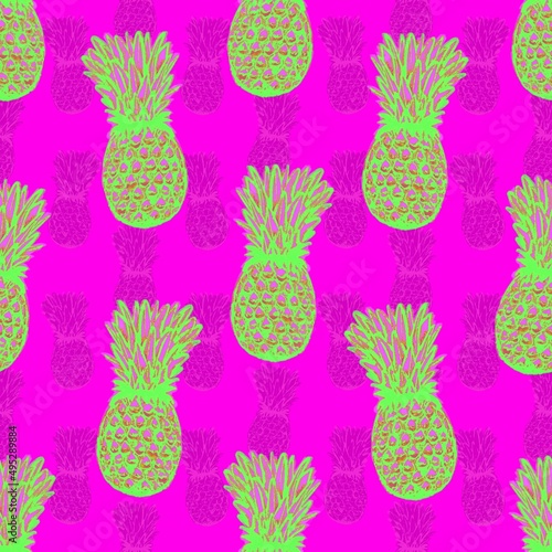 Green pineapples on a pink background. Seamless fruit pattern.