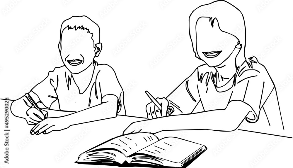 outline sketch drawing of young boy and girl doing study, line art illustration of boy and girl doing study outline sketch drawing of young boy and girl doing study, line art illustration of boy and girl doing study