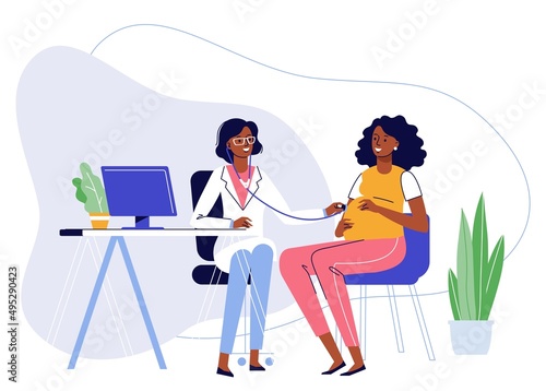 Medicine concept with practitioner black doctor woman and young pregnant girl patient in hospital medical office.