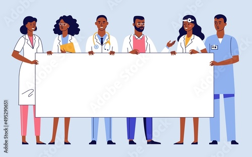 Medicine team concept with different black doctors and blank banner with copy space for text.