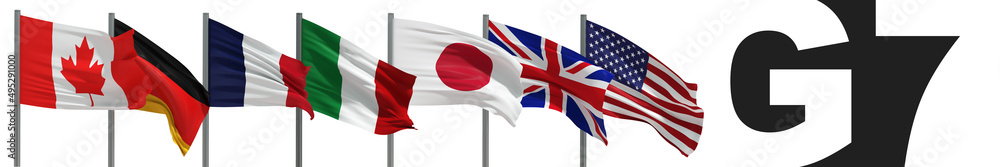 drapeaux des septs pays du G7 - fond blanc - rendu 3D