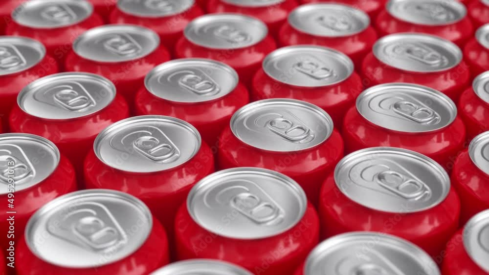 Many Red Aluminum Metal Soda Cans. 3d Animation Render, infinite loop Many Red Aluminum Metal Soda Cans. 3d Animation Render, infinite loop