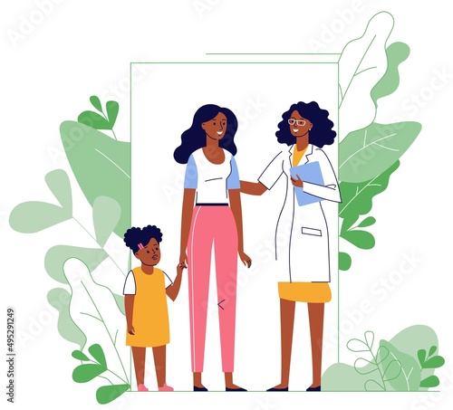 Medicine concept with black doctor and family patients on plant background.