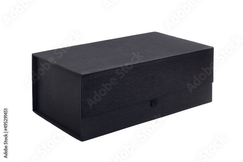 Cardboard box covered with black fabric, close-up, isolated on a white background