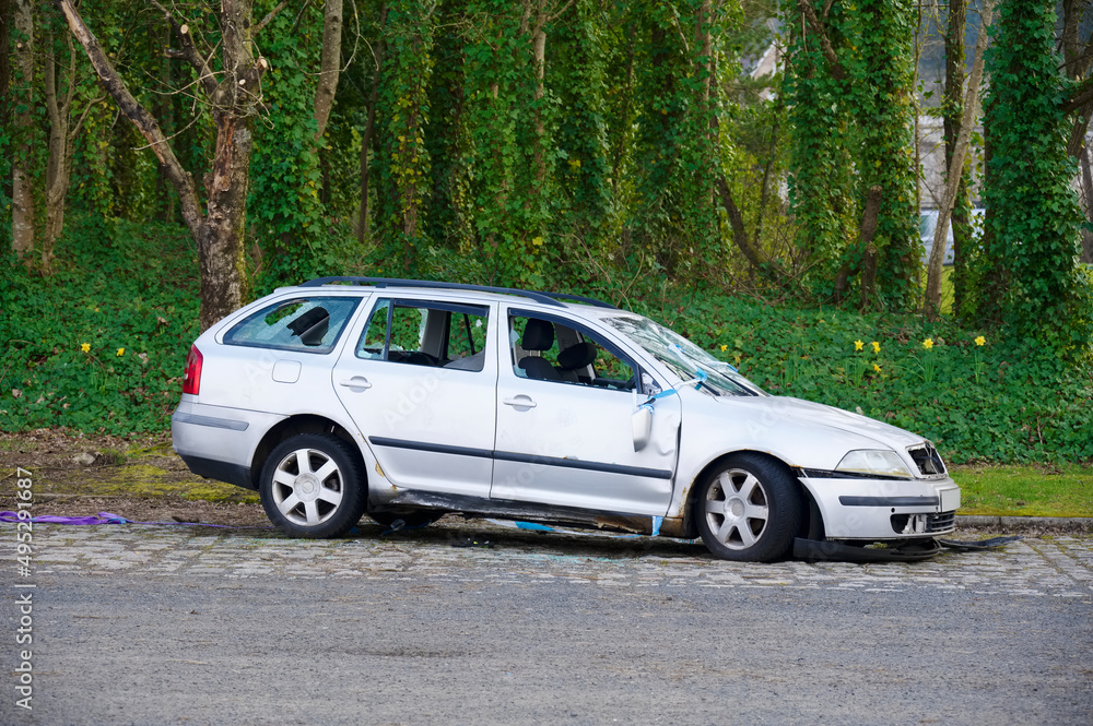 Car vandalised and abandoned in rural countryside Car vandalised and abandoned in rural countryside