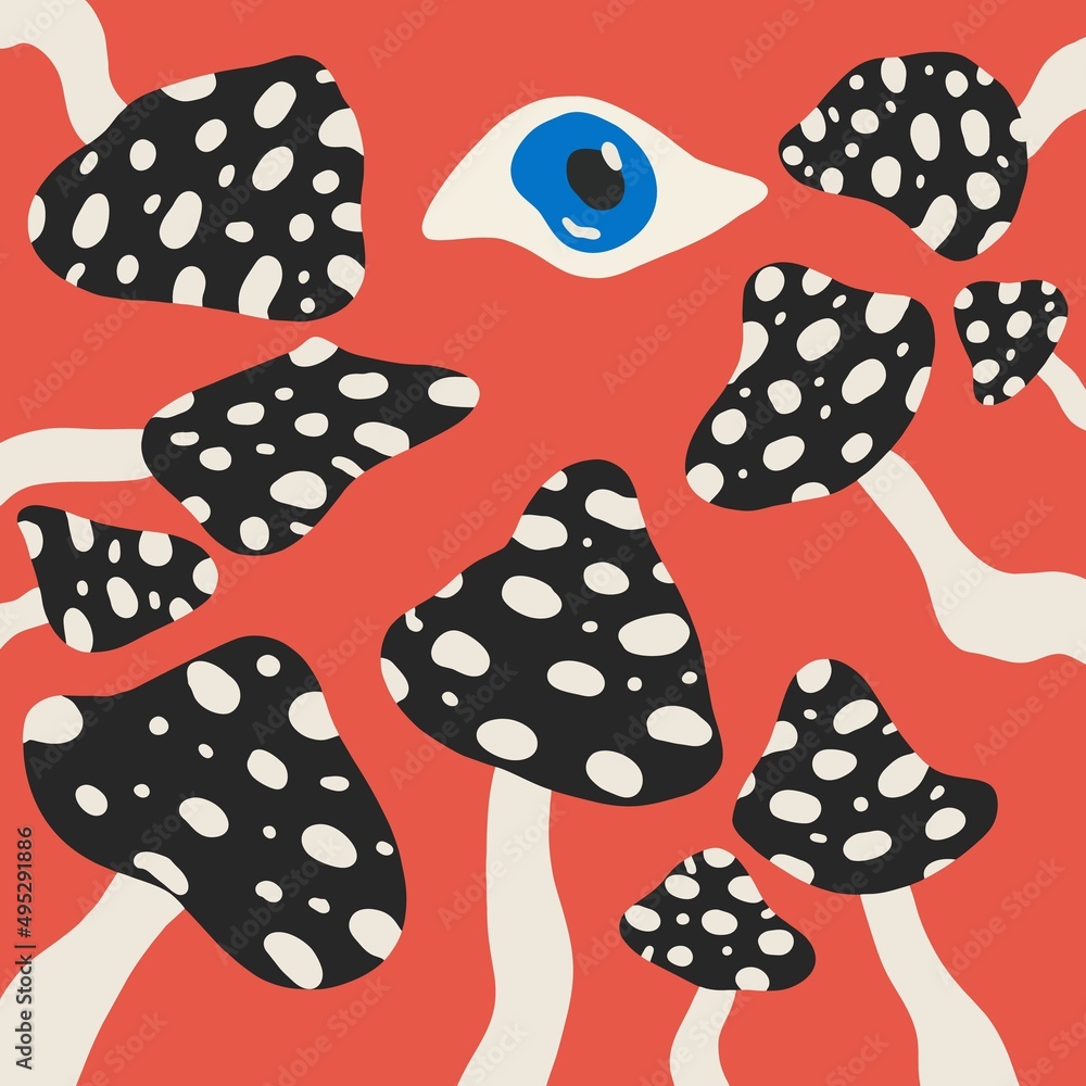 Hand-drawn abstract shapes. Fly agaric and eye. Cartoon, psychedelic style. Flat design. All elements are isolated. Flyer template.