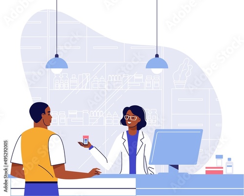 Pharmacy concept with pharmacist and black patient.