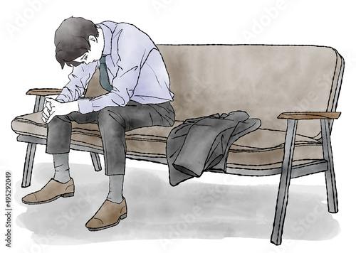 スーツの上着を脱ぎ、ソファーに座って下を向く男性の手描き水彩イラスト