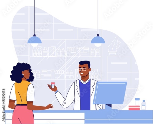 Pharmacy concept with pharmacist and black patient.