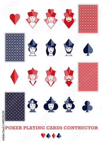 Symbol and icon designs to build poker cards, logos or brands. Hearts, diamonds, clubs, spades. Queen, king and jack