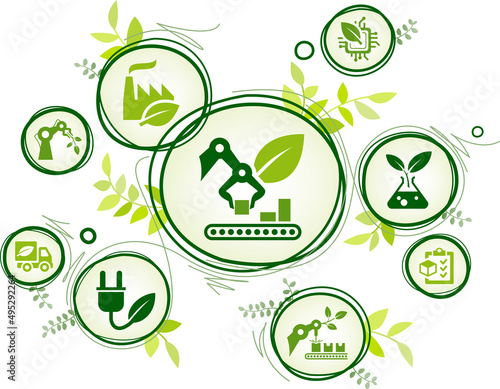Sustainable production vector illustration. Concept with no people & icons related to industrial ecology, eco friendly or environmentally friendly manufacturing, green / clean factory, zero emission.