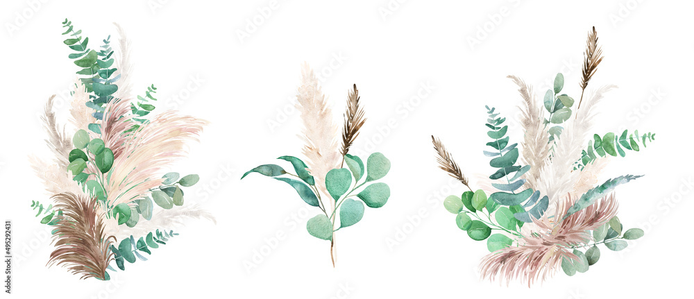 Watercolor pampas grass and eucalyptus border, garland. Boho neutral colors bouquet. Botanical nature design isolated on white. Bohemian style wedding invitation, card, greeting