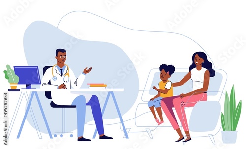 Medicine concept with black doctor and family patients.